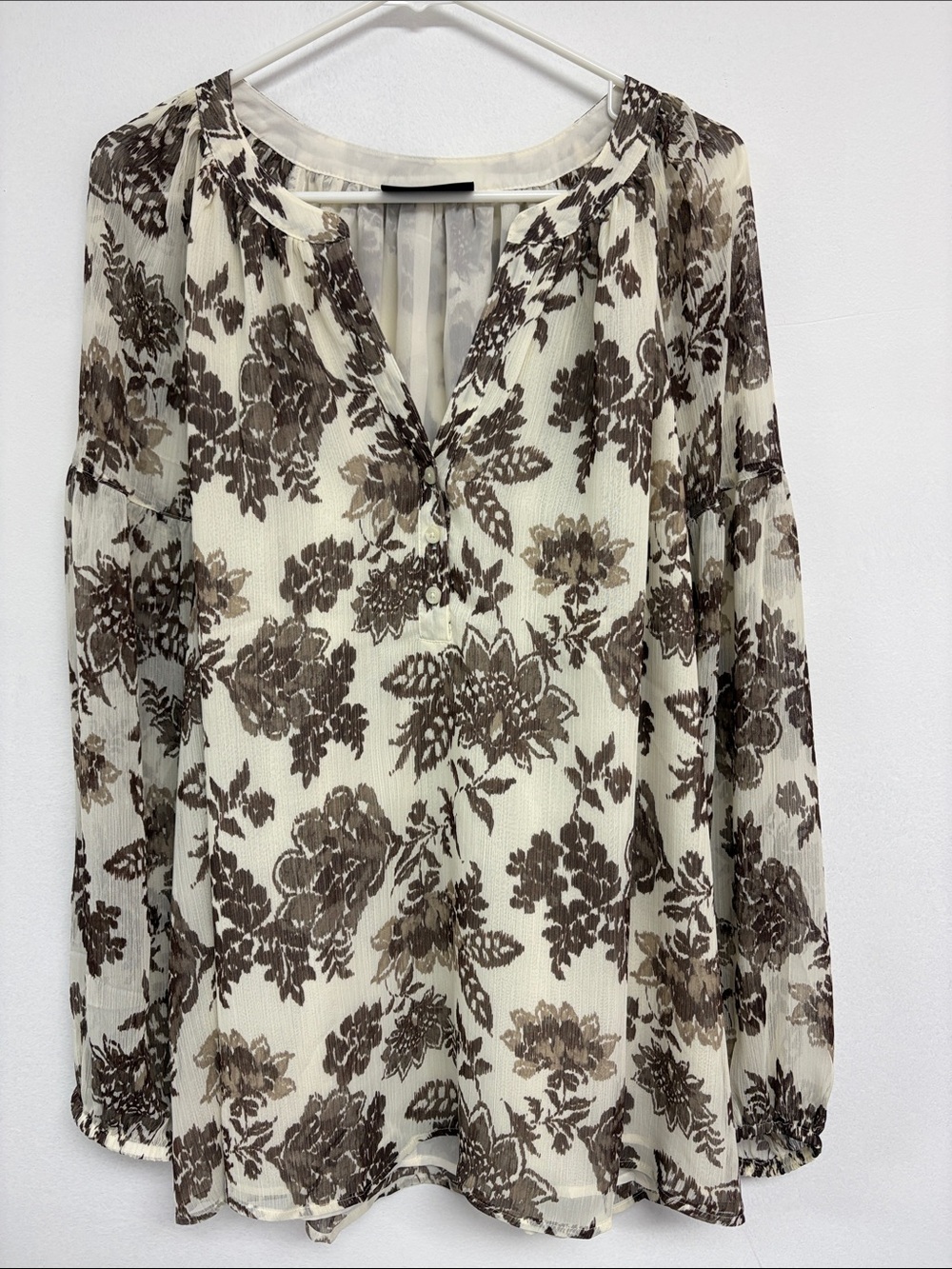 Lane Bryant Size 20 Floral Chiffon Blouse Cream Brown Sheer Sleeve NWOT